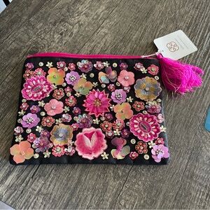 Floral Embellished Black Clutch with Pink Accents
